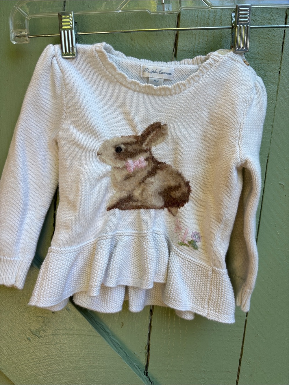 Ralph Lauren Cream Peplum Knit Top with Bunny Graphic